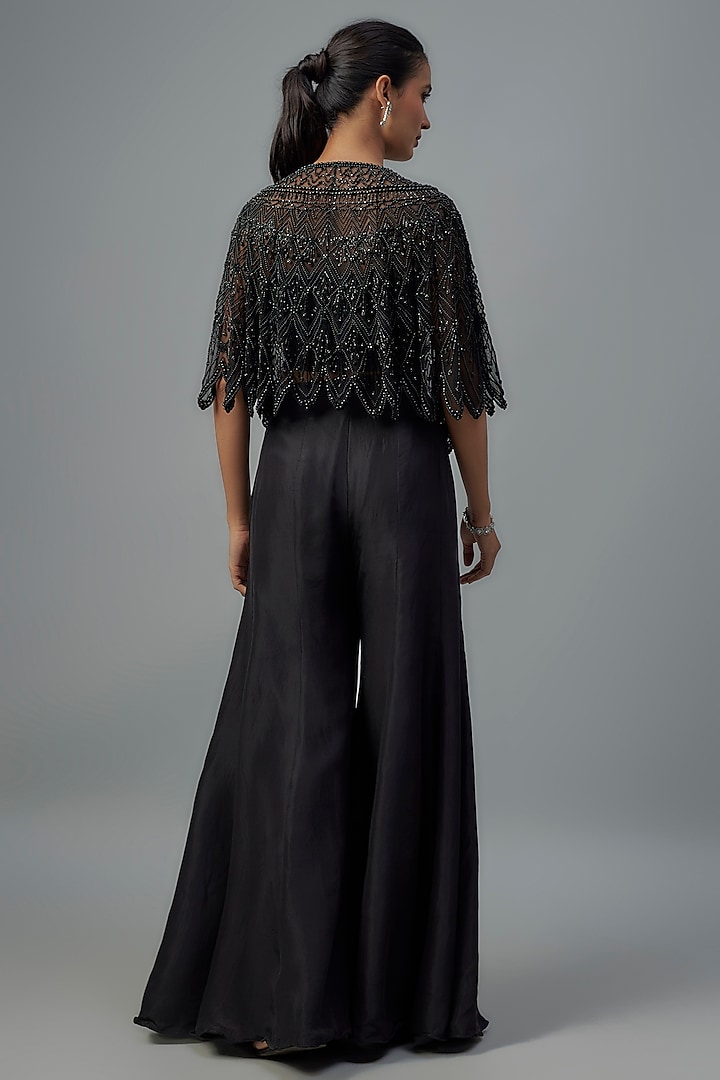 Black Satin Silk Pearl & Bead Work Wedding Sharara Set by Malasa at Pernia's Pop Up Shop