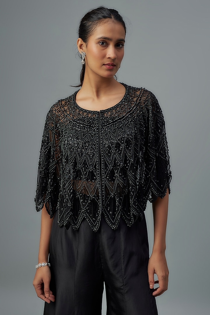 Black Satin Silk Pearl & Bead Work Wedding Sharara Set by Malasa at Pernia's Pop Up Shop