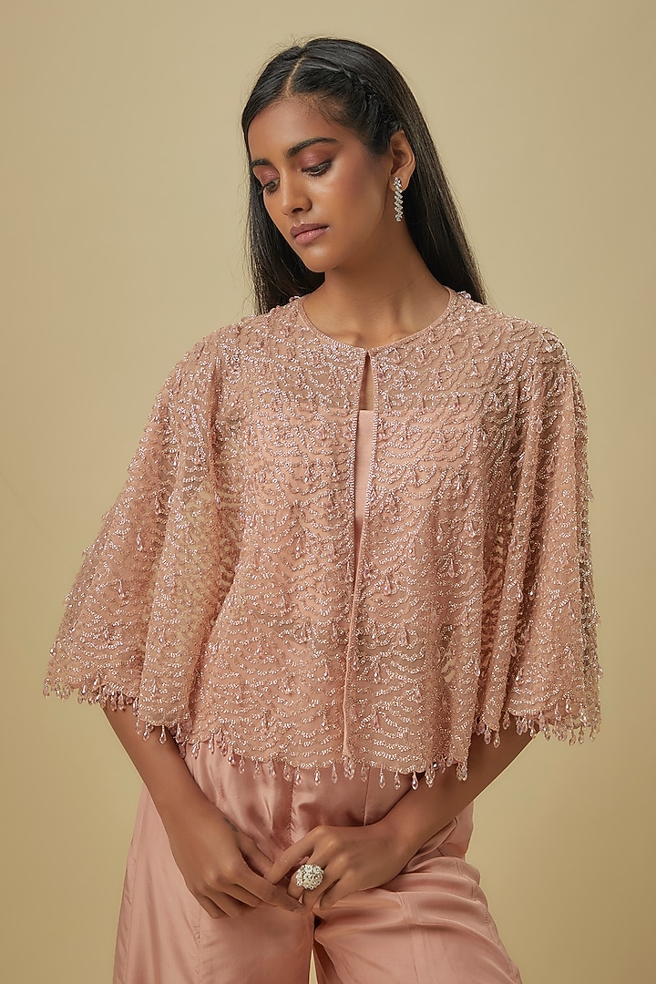 Pink Net Cutdana Work Cape Set by Malasa at Pernia's Pop Up Shop