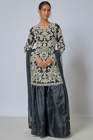 Black Organza Sharara Set by Malasa
