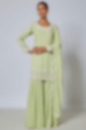 Green Georgette Sharara Set by Malasa at Pernia's Pop Up Shop