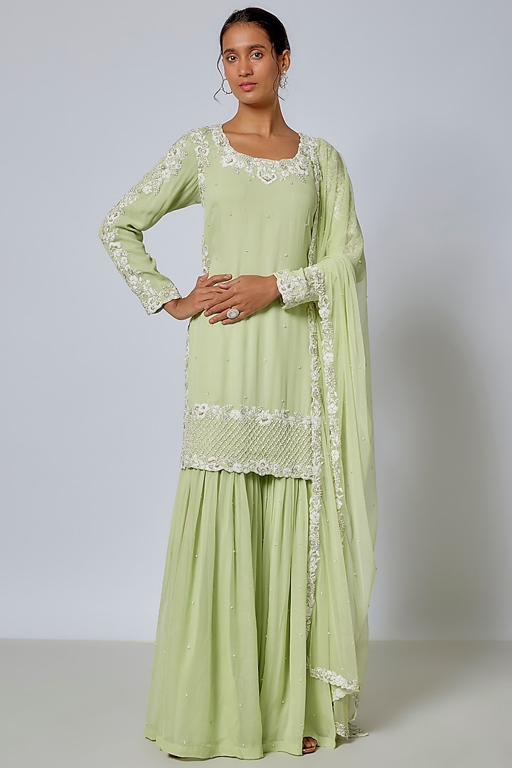 Green Georgette Sharara Set by Malasa at Pernia's Pop Up Shop