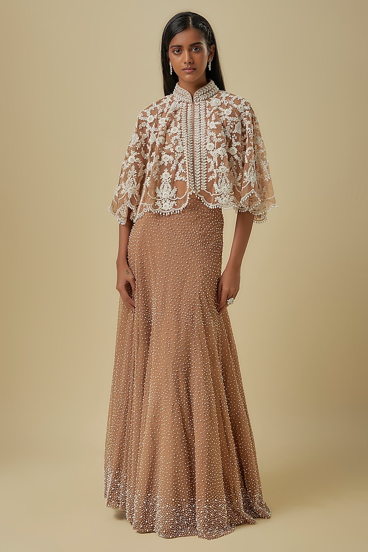 Champagne Net Cutdana Work Cape Set by Malasa at Pernia's Pop Up Shop