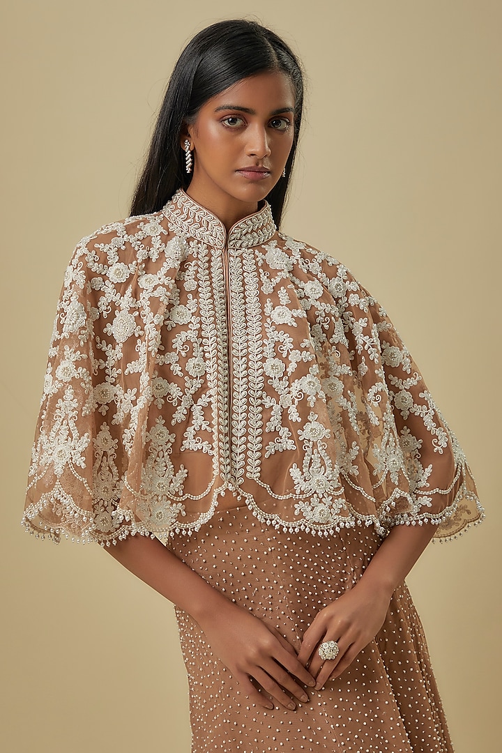 Champagne Net Cutdana Work Cape Set by Malasa at Pernia's Pop Up Shop