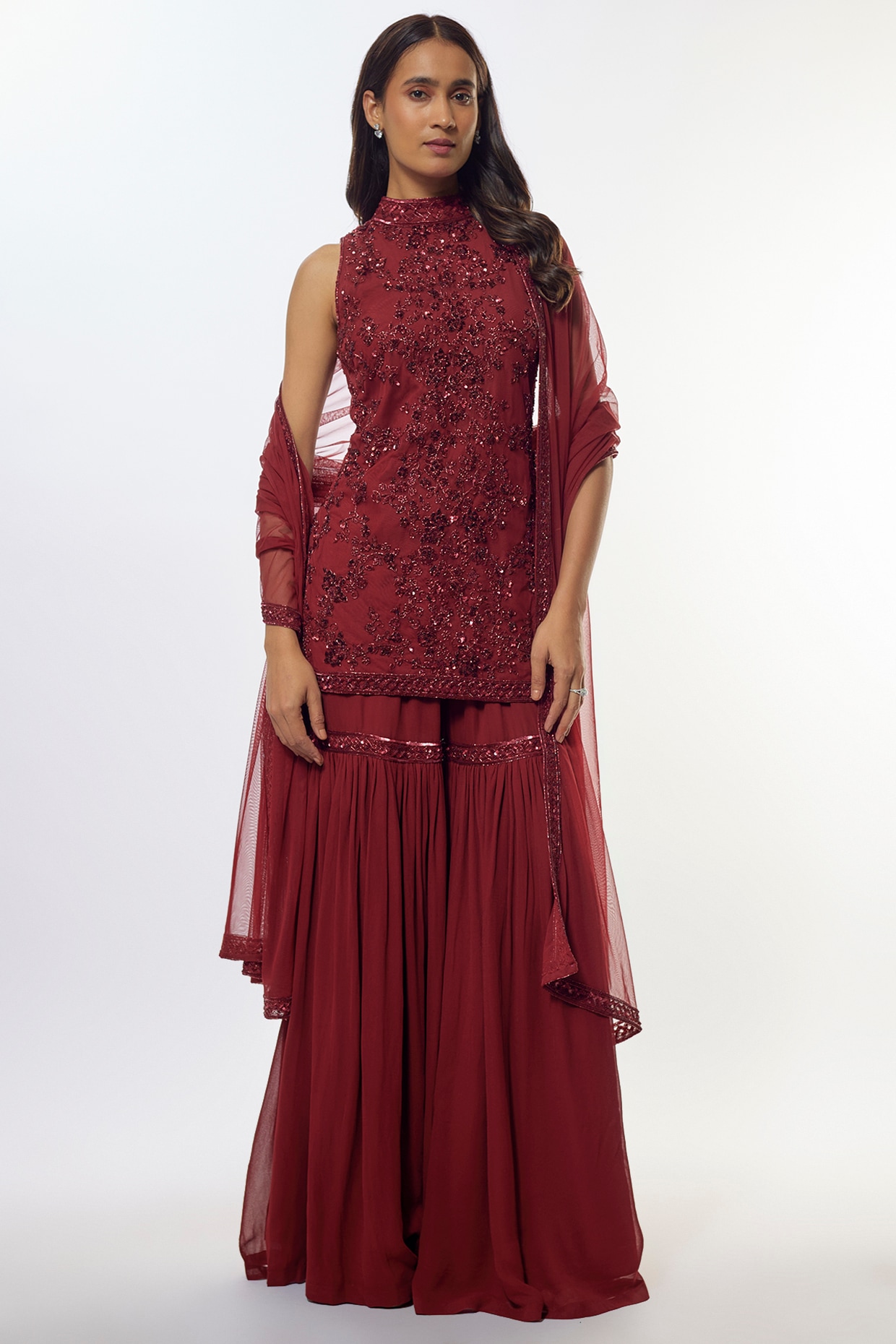 Maroon Georgette Wedding Sharara Set by Malasa at Pernia's Pop Up