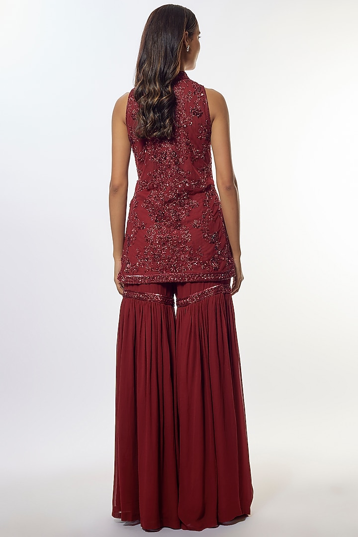 Maroon Georgette Wedding Sharara Set by Malasa at Pernia's Pop Up Shop