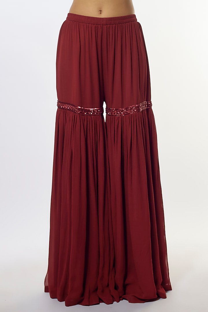 Maroon Georgette Wedding Sharara Set by Malasa at Pernia's Pop Up Shop