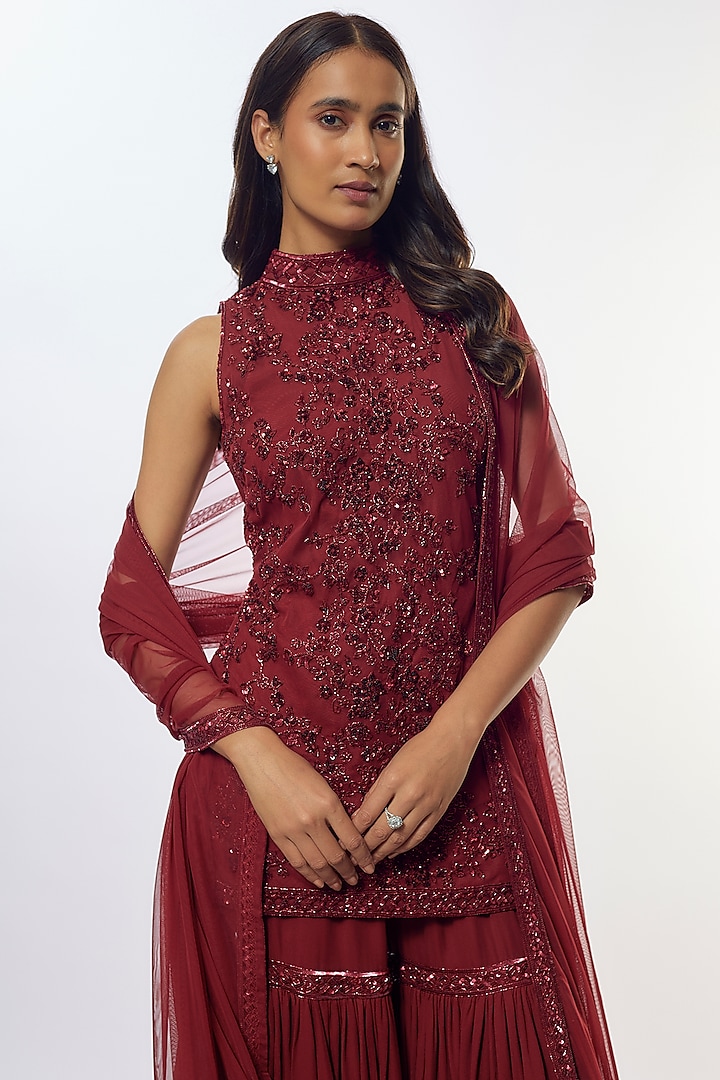 Maroon Georgette Wedding Sharara Set by Malasa at Pernia's Pop Up Shop