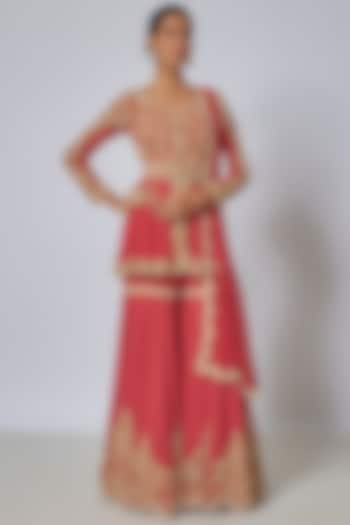 Coral Georgette Cutdana & Pearl Work Sharara Set by Malasa at Pernia's Pop Up Shop