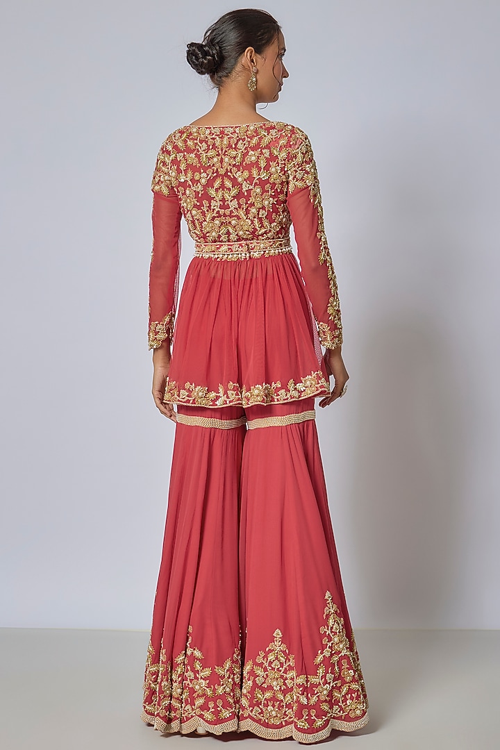 Coral Georgette Cutdana & Pearl Work Bridal Sharara Set by Malasa at Pernia's Pop Up Shop