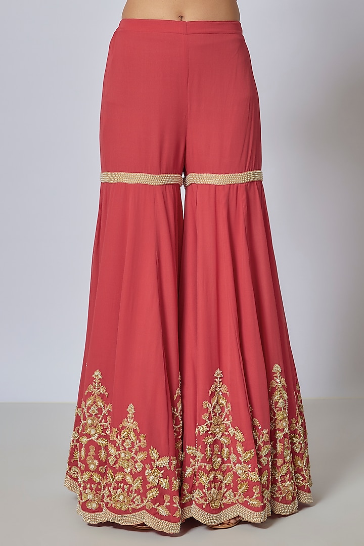 Coral Georgette Cutdana & Pearl Work Bridal Sharara Set by Malasa at Pernia's Pop Up Shop