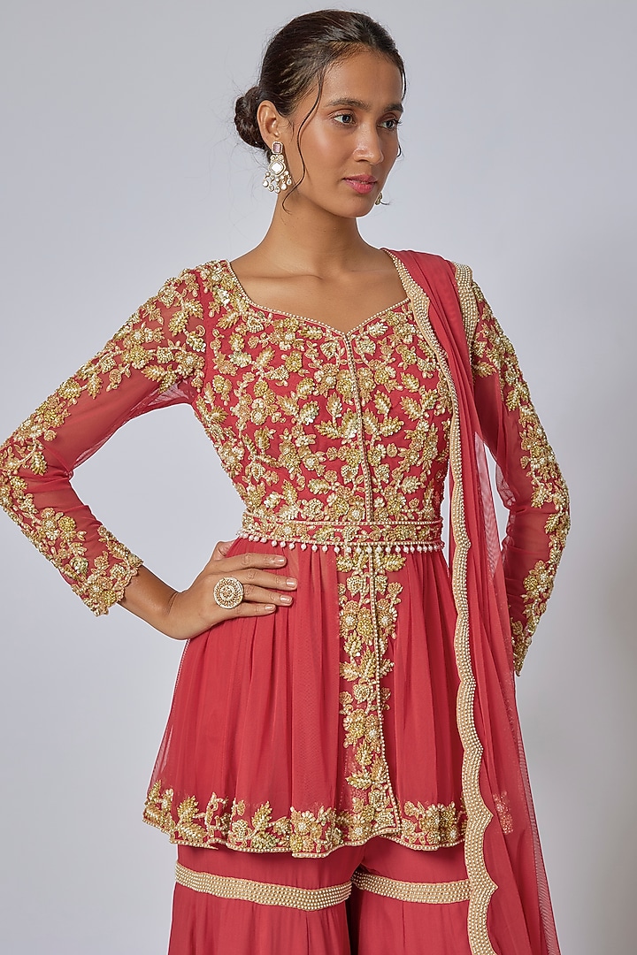 Coral Georgette Cutdana & Pearl Work Bridal Sharara Set by Malasa at Pernia's Pop Up Shop