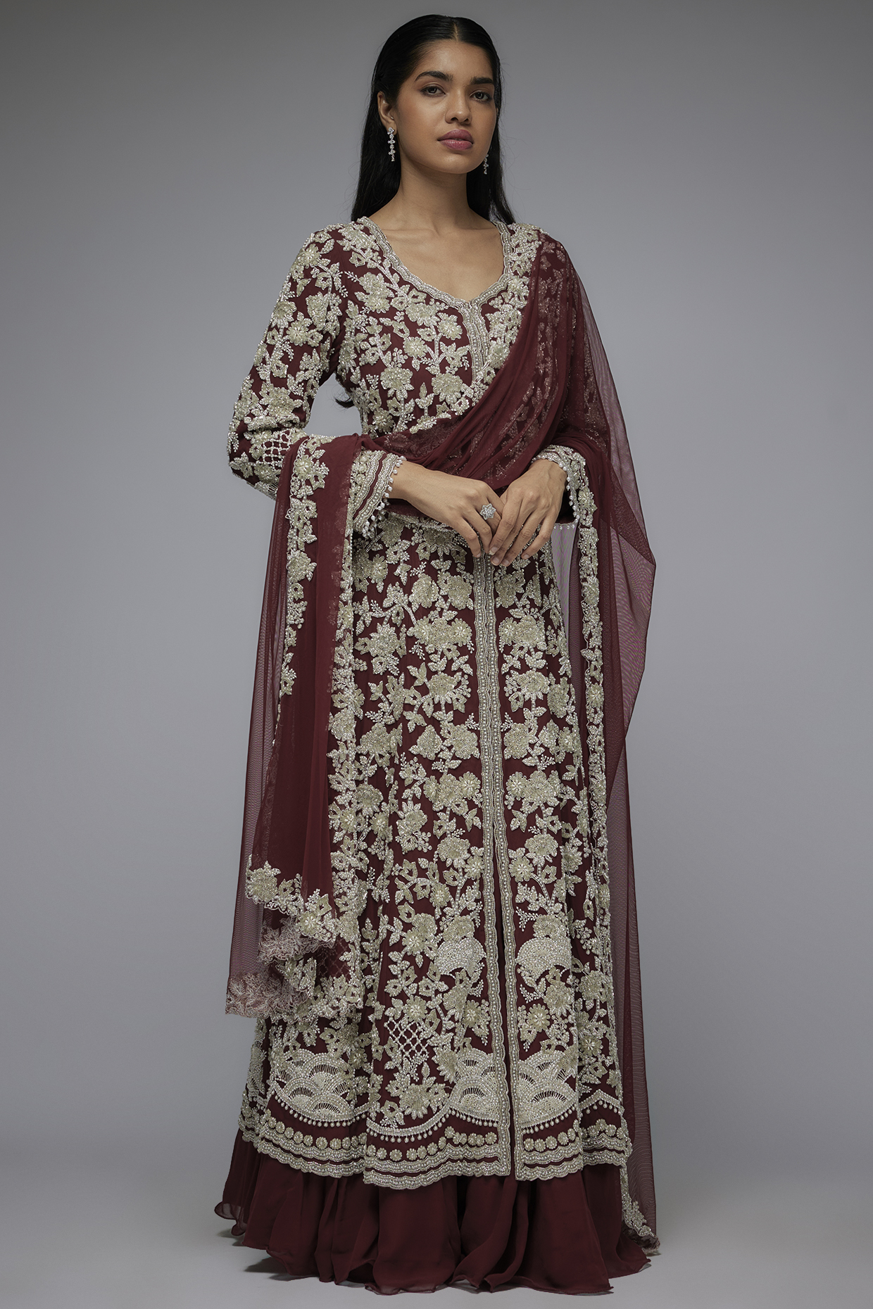 Maroon Georgette Cutdana Work Jacket Set by Malasa at Pernia's Pop Up Shop