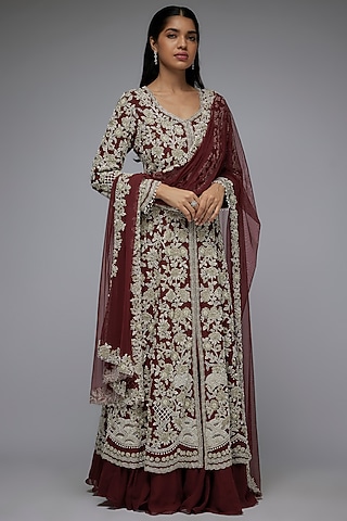Maroon Georgette Cutdana Work Jacket Set by Malasa