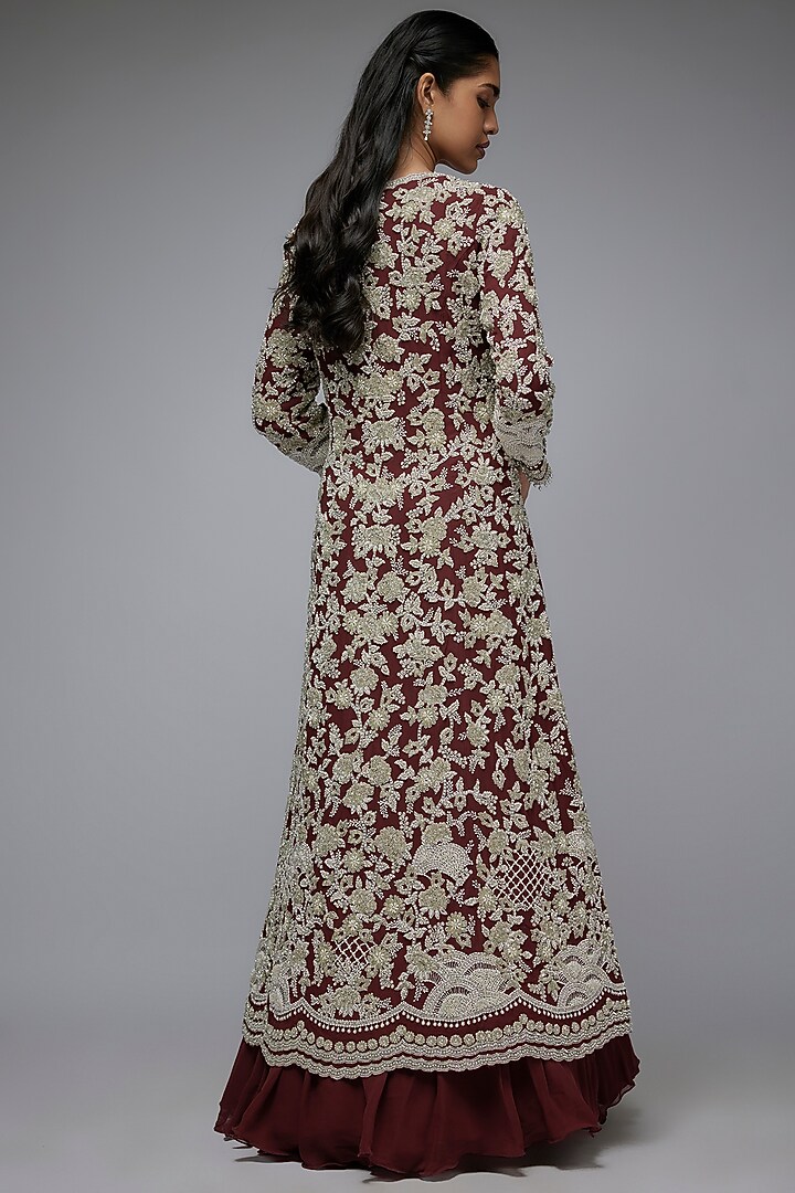 Maroon Georgette Cutdana Work Jacket Set by Malasa at Pernia's Pop Up Shop