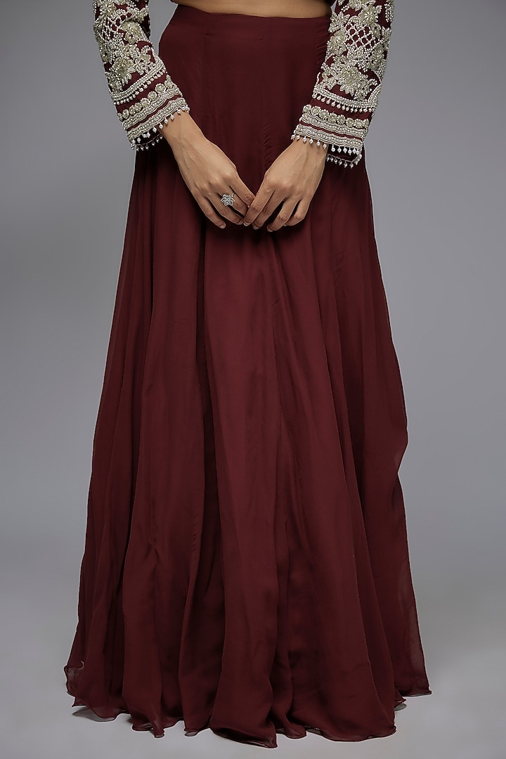 Maroon Georgette Cutdana Work Jacket Set by Malasa at Pernia's Pop Up Shop