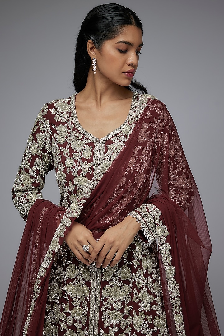 Maroon Georgette Cutdana Work Jacket Set by Malasa at Pernia's Pop Up Shop