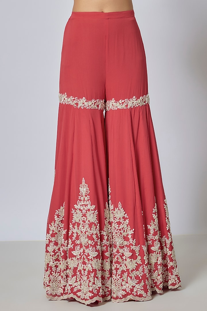 Coral Georgette Cutdana & Pearl Work Bridal Sharara Set by Malasa at Pernia's Pop Up Shop