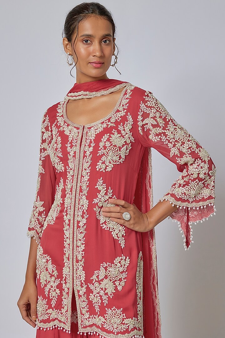 Coral Georgette Cutdana & Pearl Work Bridal Sharara Set by Malasa at Pernia's Pop Up Shop