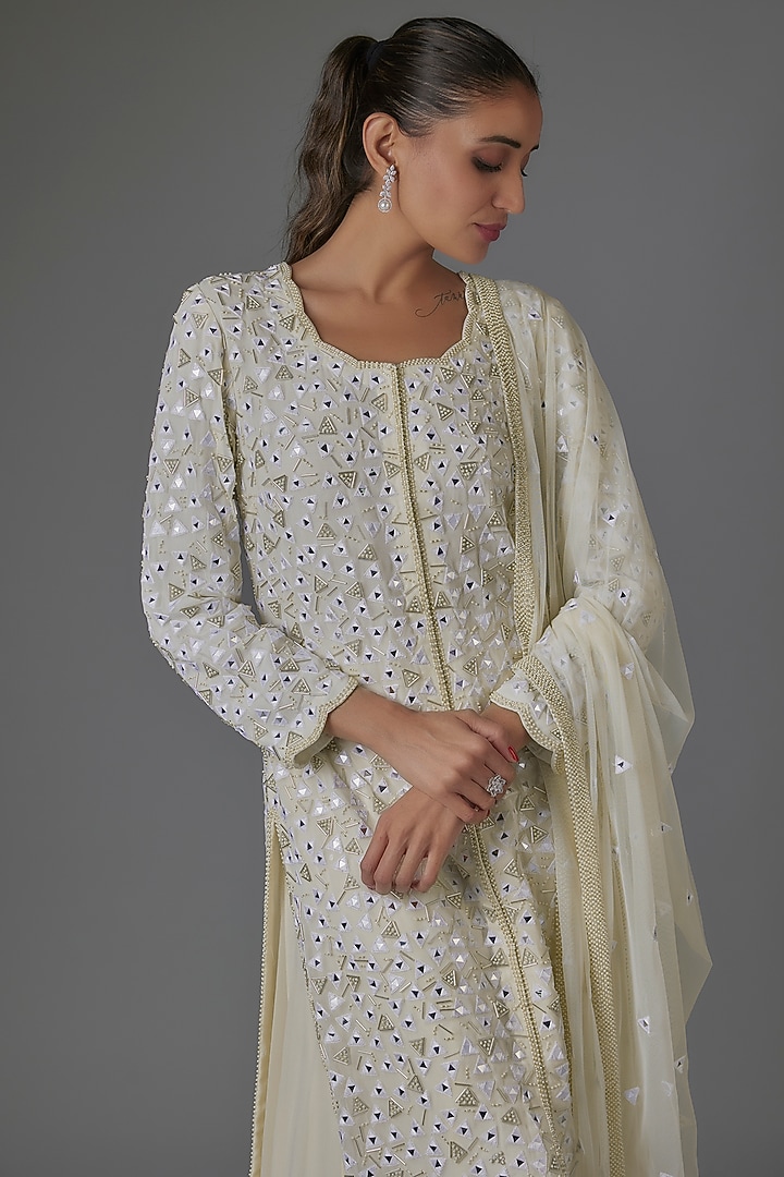 Cream Georgette Cutdana Work Jacket Set by Malasa at Pernia's Pop Up Shop