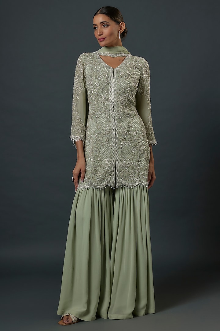 Seafoam Green Georgette Cutdana Embroidered Sharara Set by Malasa at Pernia's Pop Up Shop