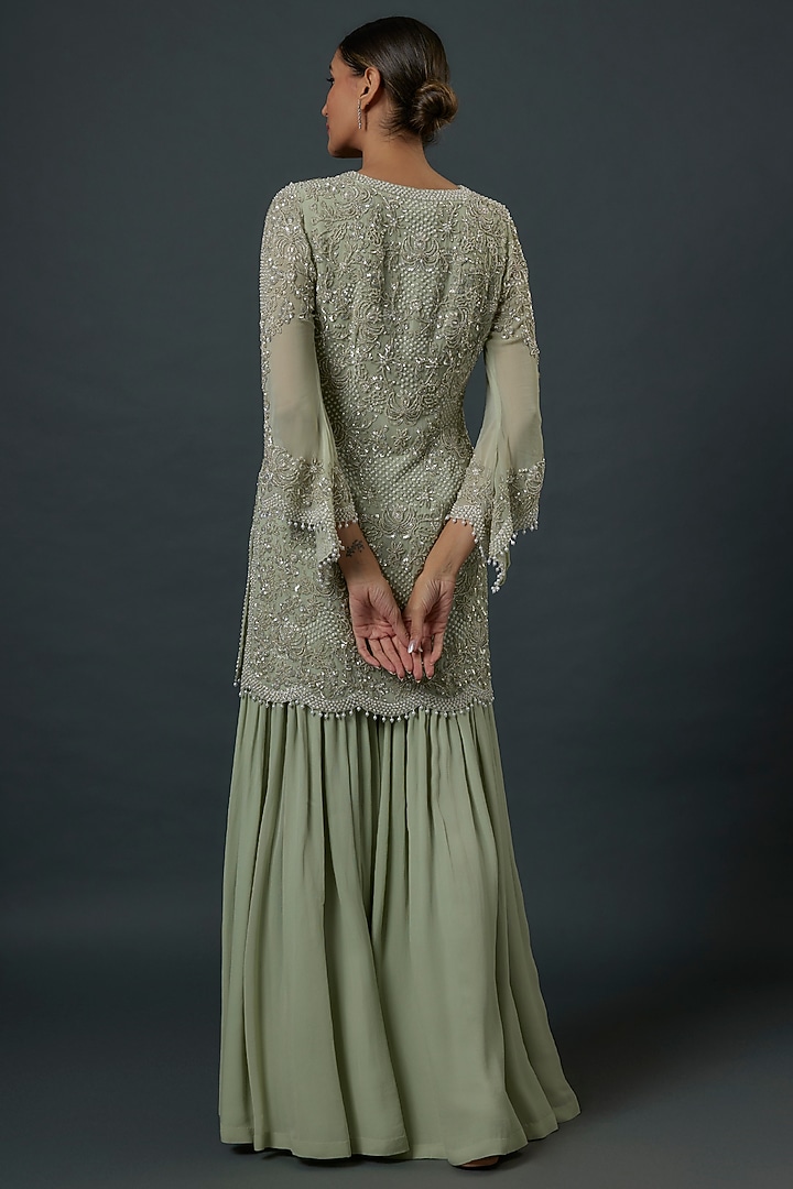 Seafoam Green Georgette Cutdana Embroidered Bridal Sharara Set by Malasa at Pernia's Pop Up Shop