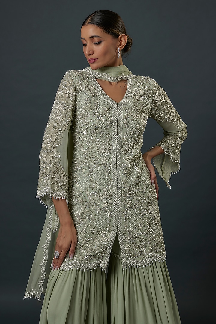 Seafoam Green Georgette Cutdana Embroidered Bridal Sharara Set by Malasa at Pernia's Pop Up Shop