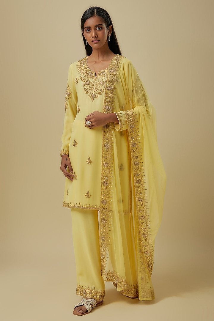 Yellow Georgette Cutdana Work Kurta Set by Malasa at Pernia's Pop Up Shop