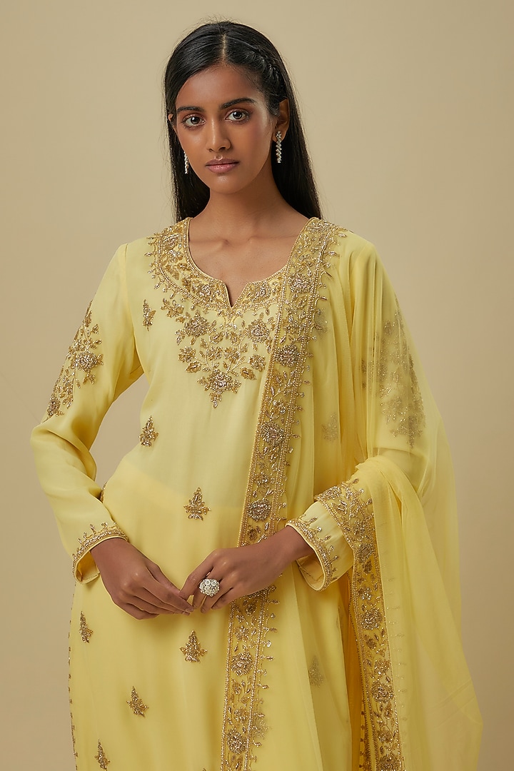 Yellow Georgette Cutdana Work Kurta Set by Malasa at Pernia's Pop Up Shop