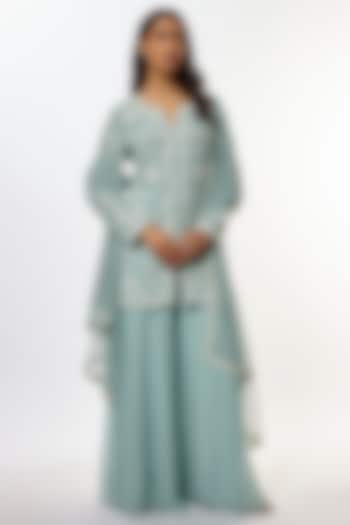 Ice-Blue Georgette Sharara Set by Malasa at Pernia's Pop Up Shop