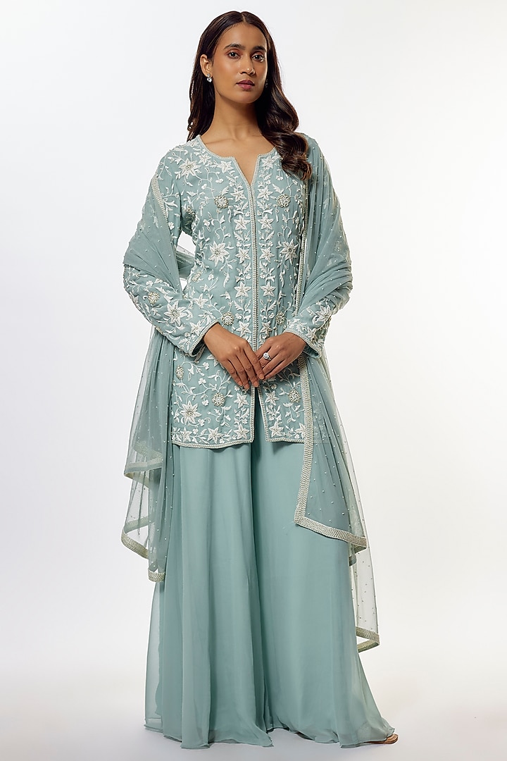 Ice-Blue Georgette Sharara Set by Malasa at Pernia's Pop Up Shop