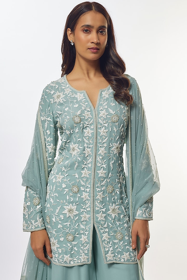 Ice-Blue Georgette Wedding Sharara Set by Malasa at Pernia's Pop Up Shop