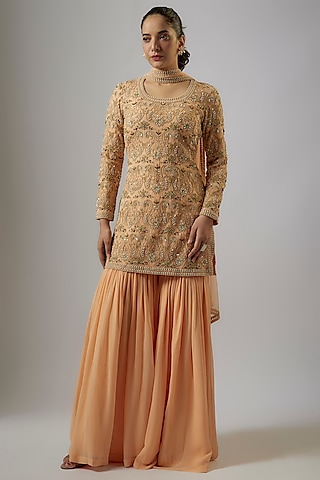 Peach Georgette Sharara Set by Malasa