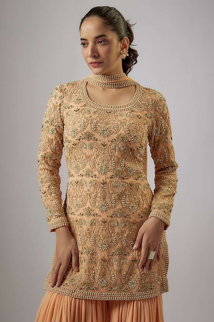 Peach Georgette Wedding Sharara Set by Malasa at Pernia's Pop Up Shop