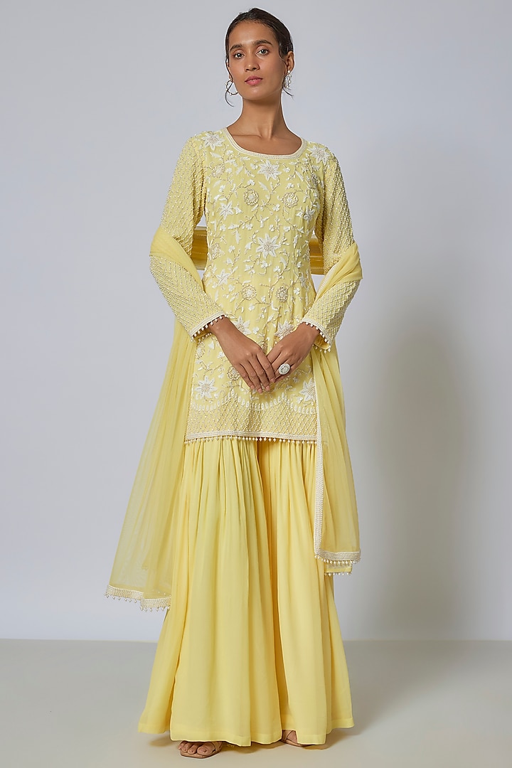 Yellow Georgette Sharara Set by Malasa at Pernia's Pop Up Shop