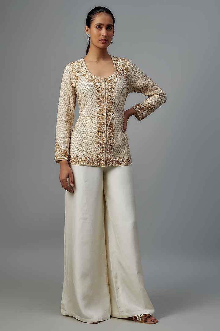 Ivory Satin Silk Pearl Work Sharara Set by Malasa at Pernia's Pop Up Shop