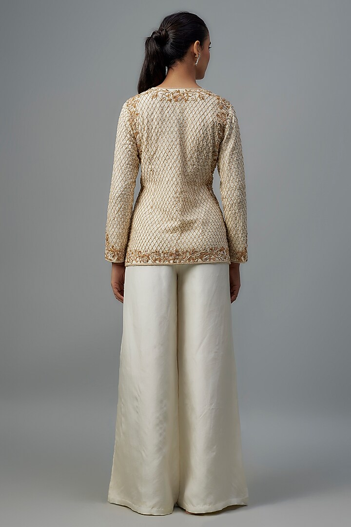 Ivory Satin Silk Pearl Work Wedding Sharara Set by Malasa at Pernia's Pop Up Shop