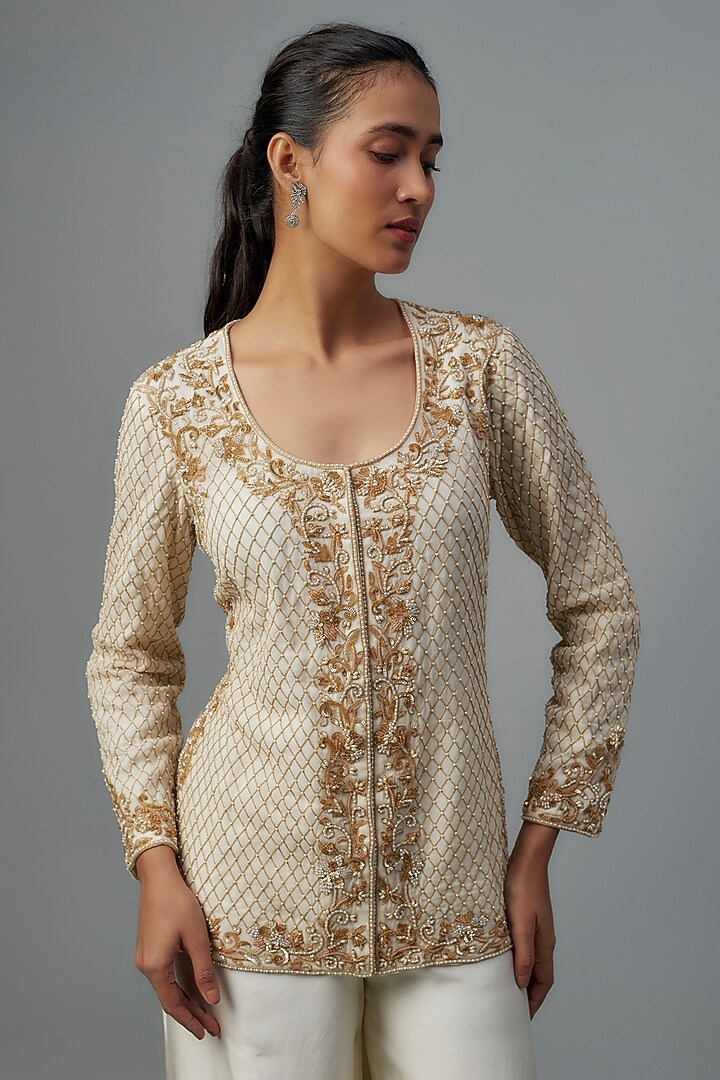 Ivory Satin Silk Pearl Work Wedding Sharara Set by Malasa at Pernia's Pop Up Shop