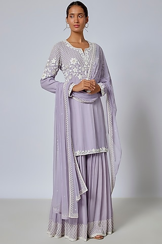 Lilac Georgette Sharara Set by Malasa