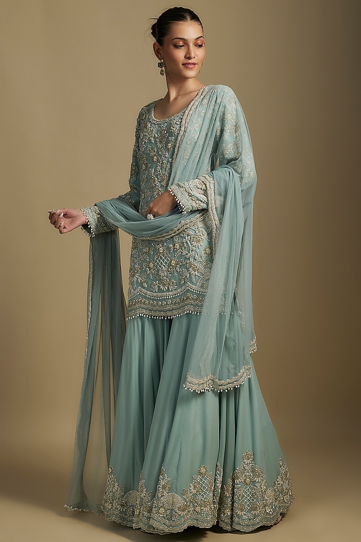 Ice Blue Georgette Cutdana Work Sharara Set by Malasa at Pernia's Pop Up Shop