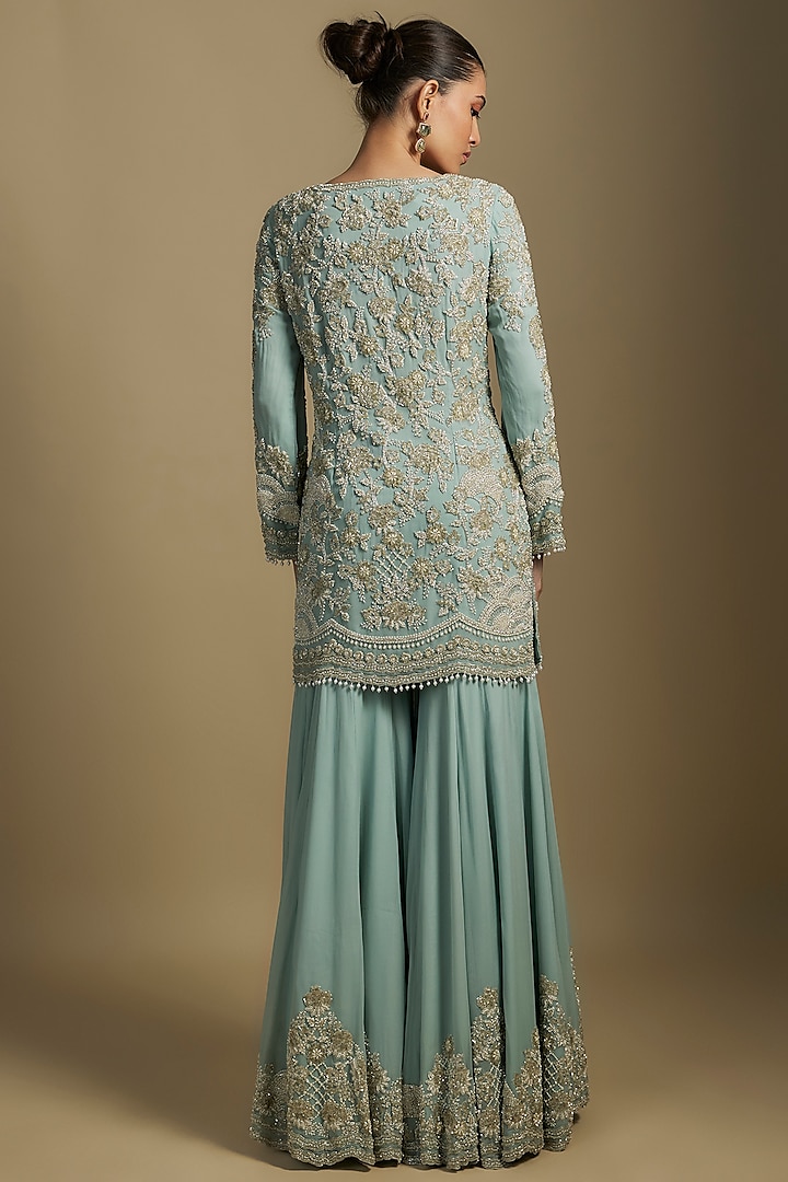 Ice Blue Georgette Cutdana Work Bridal Sharara Set by Malasa at Pernia's Pop Up Shop