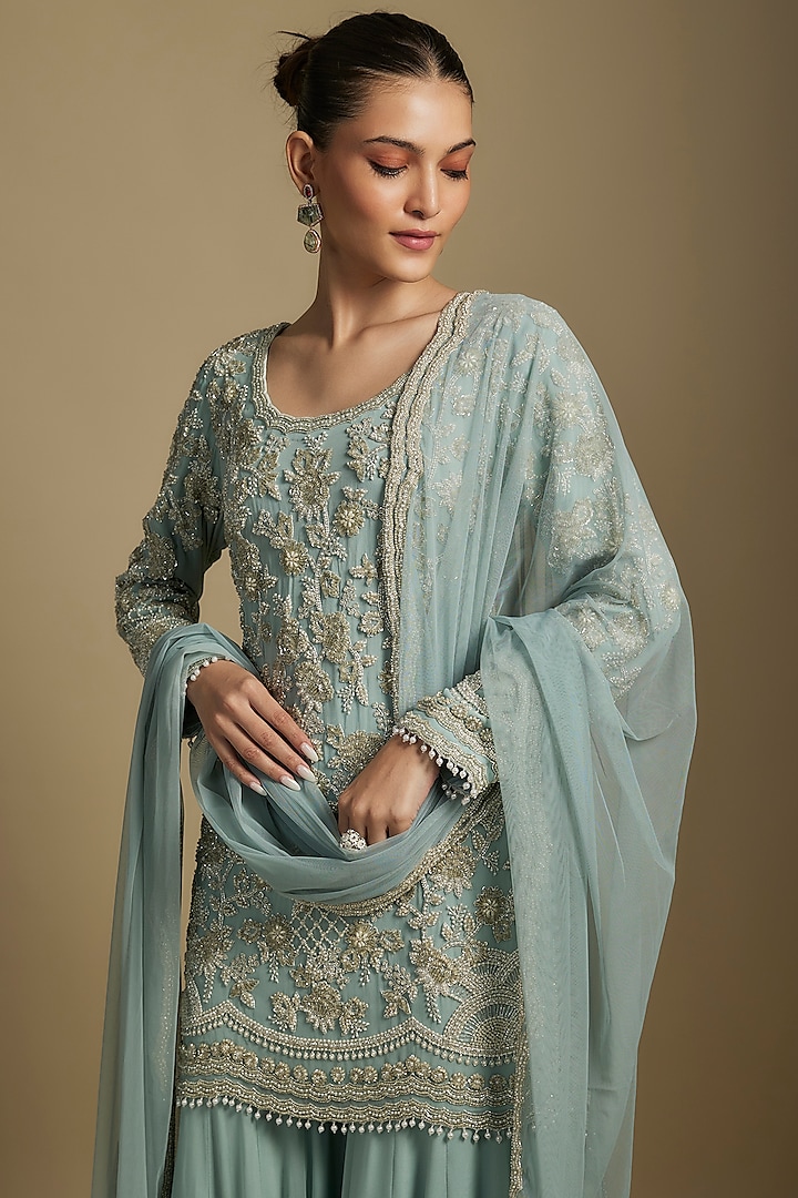 Ice Blue Georgette Cutdana Work Bridal Sharara Set by Malasa at Pernia's Pop Up Shop