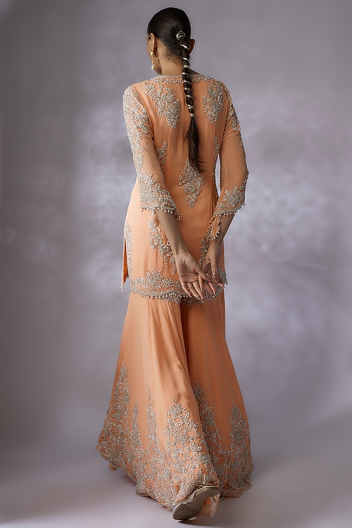 Peach Georgette Embroidered Bridal Sharara Set by Malasa at Pernia's Pop Up Shop