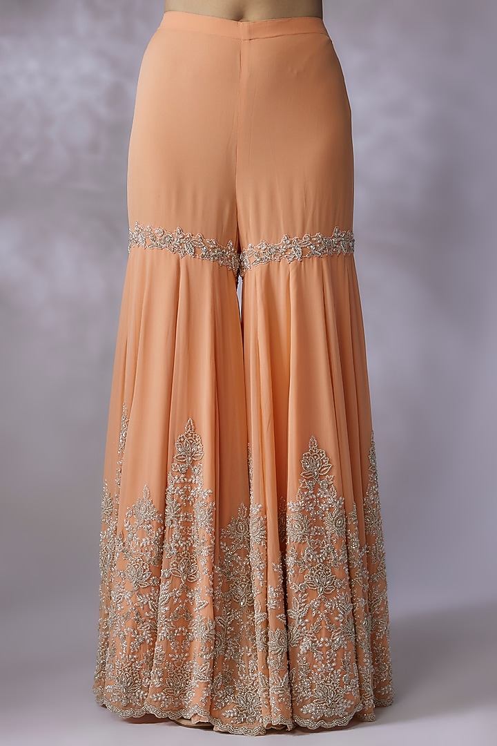 Peach Georgette Embroidered Bridal Sharara Set by Malasa at Pernia's Pop Up Shop