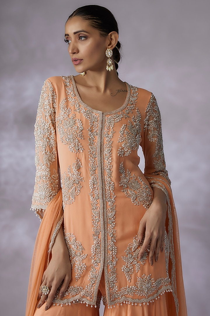 Peach Georgette Embroidered Bridal Sharara Set by Malasa at Pernia's Pop Up Shop
