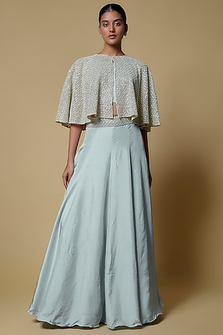 Powder Blue Silk Pearl Embroidered Cape Set by Malasa