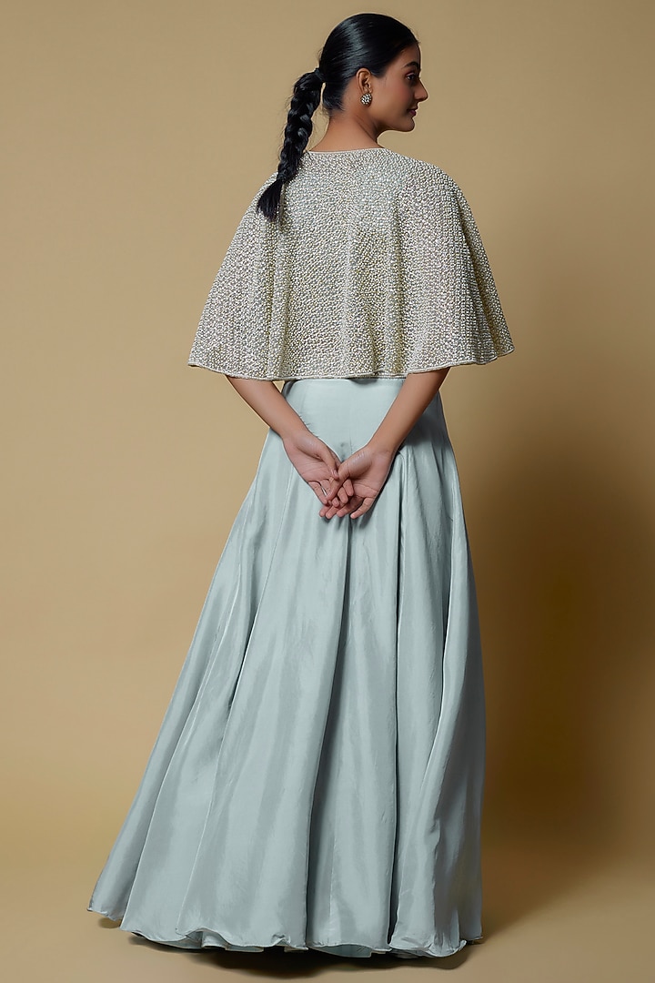 Powder Blue Silk Pearl Embroidered Cape Set by Malasa at Pernia's Pop Up Shop