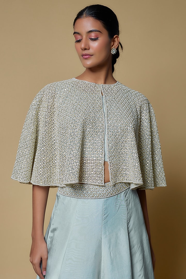 Powder Blue Silk Pearl Embroidered Cape Set by Malasa at Pernia's Pop Up Shop