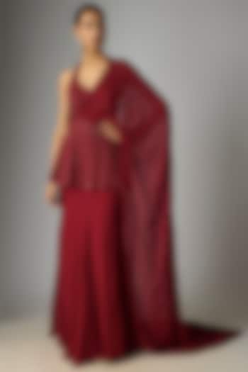 Red Georgette Seep & Cutdana Work Draped Reception Lehenga Saree Set by Malasa at Pernia's Pop Up Shop