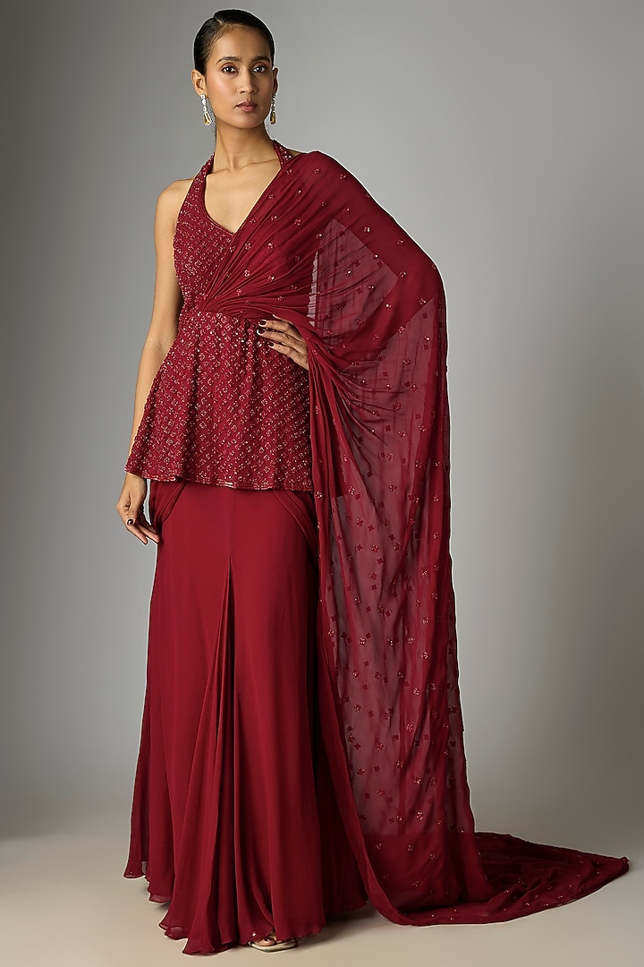 Red Georgette Seep & Cutdana Work Draped Reception Lehenga Saree Set by Malasa at Pernia's Pop Up Shop